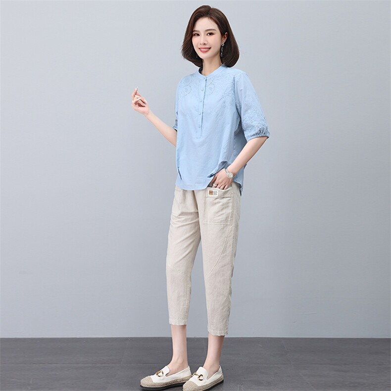 2023夏季新款简约时尚休闲舒适纯色刺绣两件套,女装套装/套裙,独衣靓