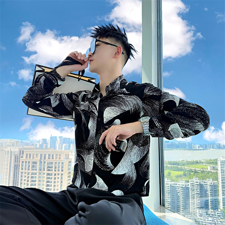 ACS106/P58控88秋季社会小伙翻领撞色高级设计感长袖衬衫男黑首,男装衬衫,星座305B-1