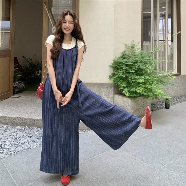 法式复古扎染休闲背带裤女夏季新款慵懒风休闲时尚高级感阔腿裤,女装休闲裤,2C120