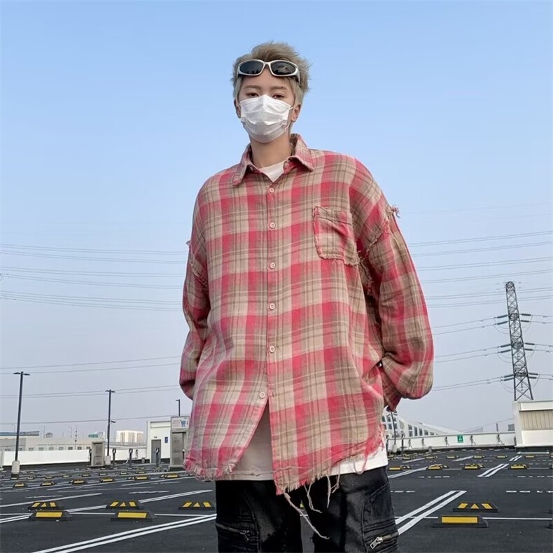 W255-P45毛边格子衬衫简约原宿时尚潮流流行文艺长袖衬衫,男装衬衫,星座911-1