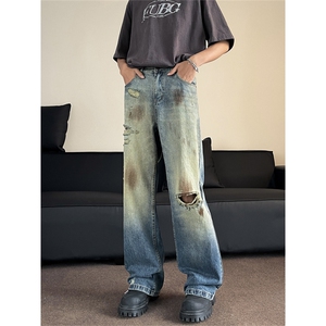 美式高街破洞做旧牛仔裤男女宽松直筒显瘦垂感阔腿长裤N00655-p50图片