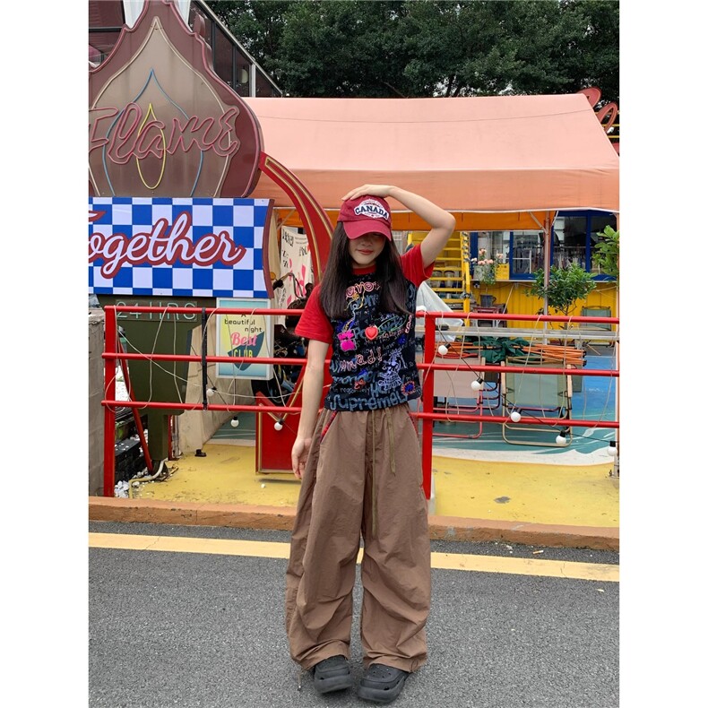 美式复古格纹撞色拼接褶皱工装裤女宽松休闲百搭拖地阔腿裤,男装工装外套,星座1210-1