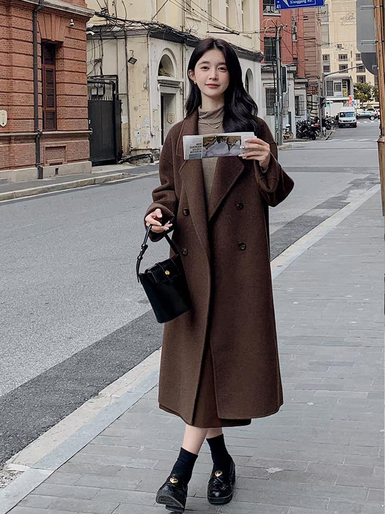 2025冬新品美拉德加厚白鸭绒可拆内胆毛呢大衣女时尚百搭呢子外套,女装毛呢外套,纪茹