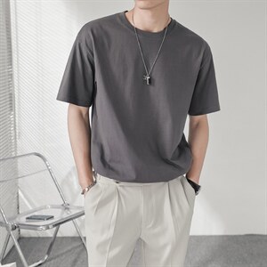ins轻熟风高品质240克男士圆领微宽落肩T恤DT407-墨,红羽绒棉衣怎么搭配图片