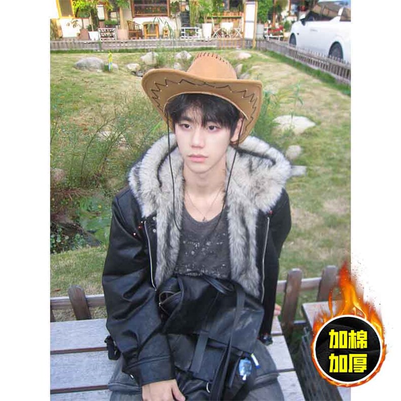 现货冬季美式潮牌痞帅PU皮机车服棉衣毛毛绒狼王座山雕皮棉服，男装棉衣，电商A486