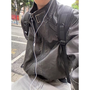 1506/QJ90260/P89欧美小羊头原货高端简约男士机车皮衣外套图片
