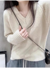 时尚百搭显瘦V领长袖针织衫女秋冬季新款韩版宽松慵懒风毛衣外套，女装羊毛衫，鑫之绒