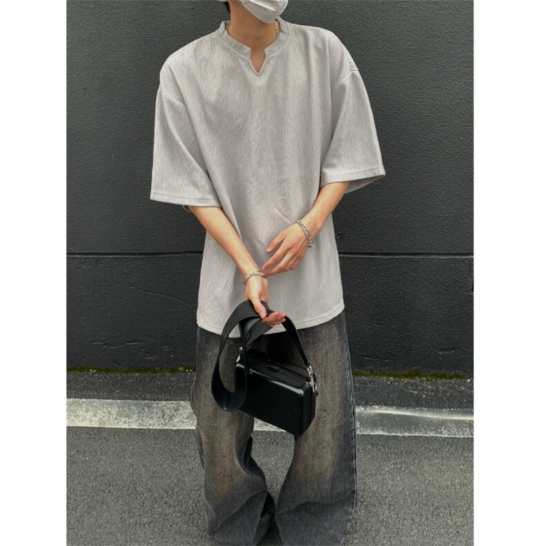 2026夏装V领短袖条纹T恤大码男纹理提花半袖T8608/特P20灰色2,男装T恤,电商A094