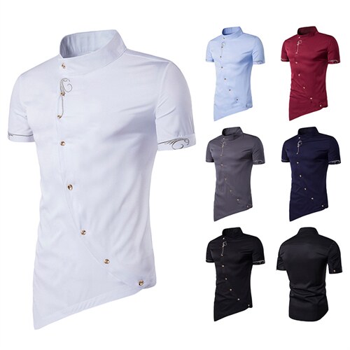 镂空外贸个性新款男士斜门襟尖下摆绅士服短袖立领衬衫A28P40，男装T恤，星座1314