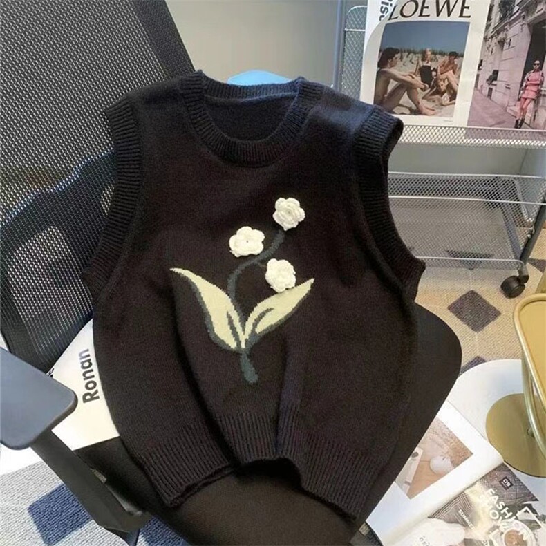 黑色刺绣背心针织马甲叠穿衬衫韩系女秋季新款毛衣上衣坎肩,女装马甲,萱芳婷羊绒