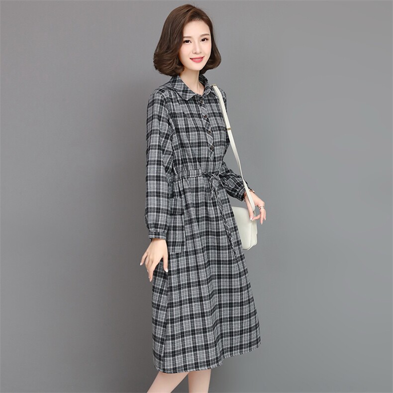 【全年有货，不下架】秋冬加厚连衣裙女长袖条纹棉麻裙中长款,女装连衣裙,3200格调