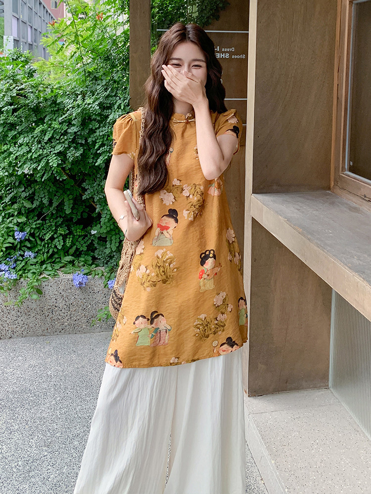 新中式复古印花改良旗袍套装女2025夏新款气质高级感阔腿裤两件套,女装套装/套裙,浙宝305