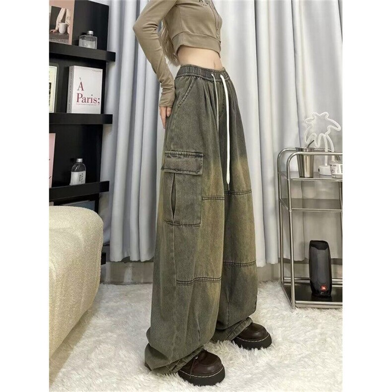 街头阔腿牛仔裤男女新款嘻哈水洗黄泥色多口袋宽松工装裤KB148,男装牛仔裤,星座1116A（原606A-3）