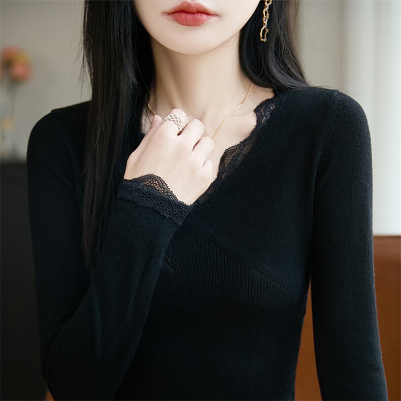 秋季新款纯色v领花边针织套头上衣时尚休闲,针织衫/毛衣,皓宇羊绒