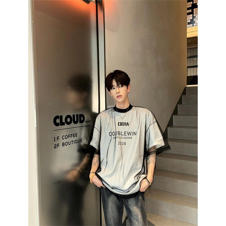 假两件网纱短袖男夏季美式痞帅高级感t恤设计感小众垫肩半袖TX52,男装T恤,星座1116A（原606A-3）