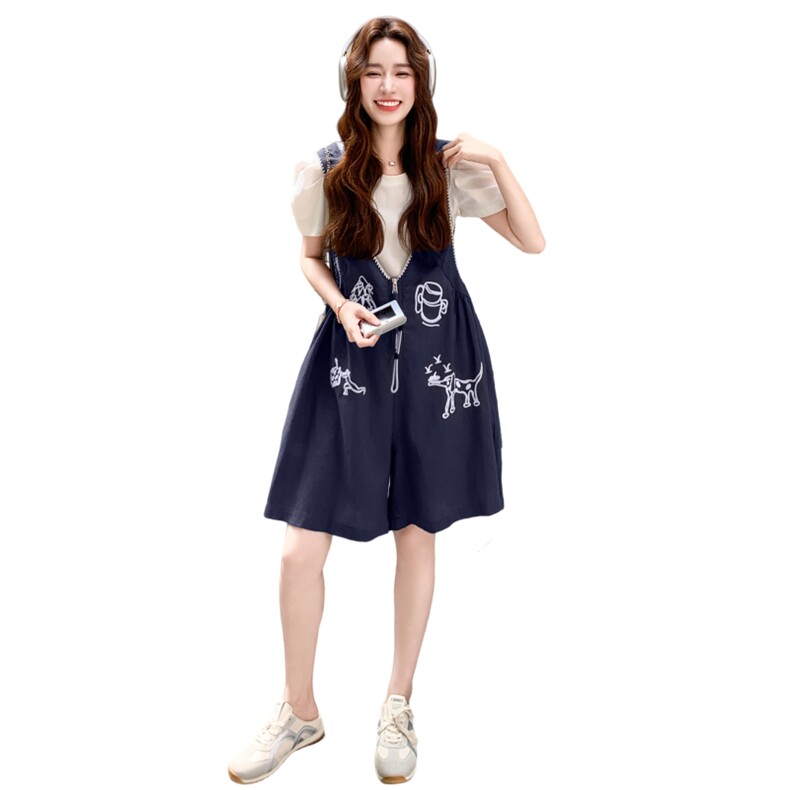 韩版刺绣阔腿背带裤套装女2025夏季新款慵懒风休闲显瘦短裤两件套,女装套装/套裙,2C211