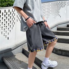 ins情侣宽松格子翻边夏季薄款五分裤子牛仔短裤男A125-DK16-P38，男装牛仔裤，电商A125