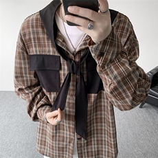 春夏新品原创小众设计感连帽系带长袖衬衫男士拼接格纹长袖衬衣潮，男装衬衫，电商B319