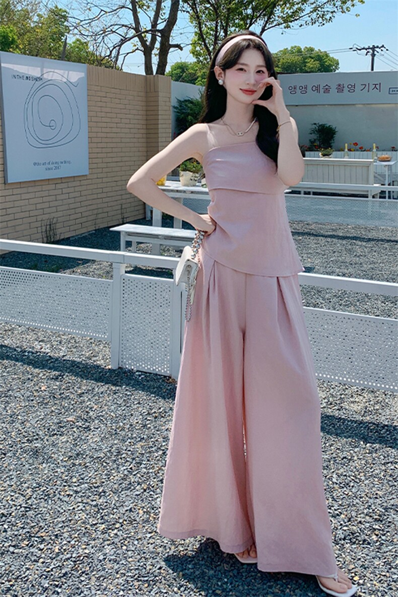 粉色法式简约甜美风吊带上衣套装女2025夏季新款高腰阔腿裤两件套,女装套装/套裙,浙宝220