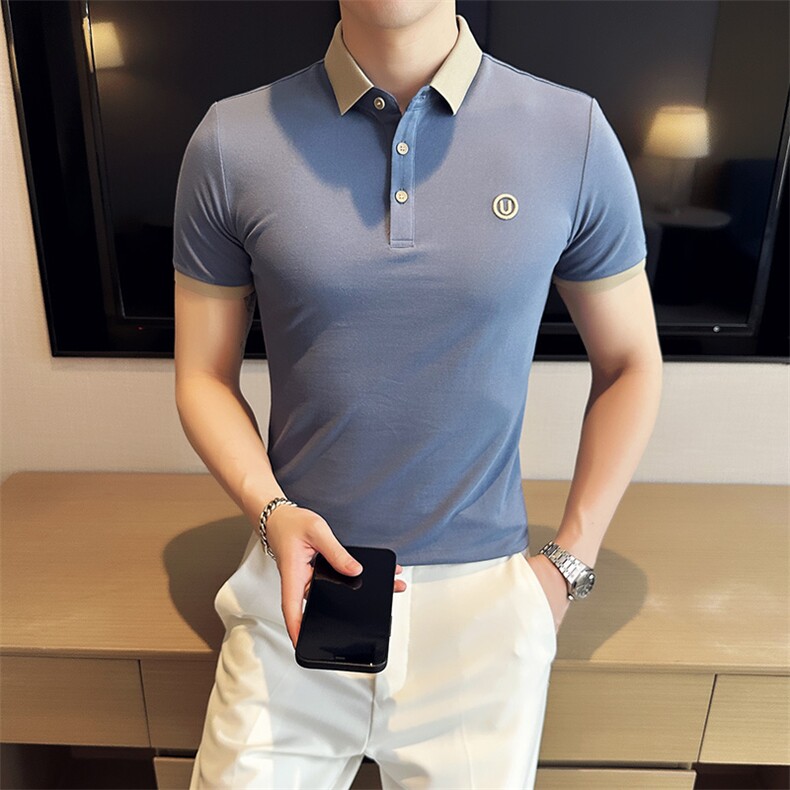 主推抖音高级感U字刺绣夏季短袖T恤翻领Polo衫半袖T066特P40,男装T恤,电商D342