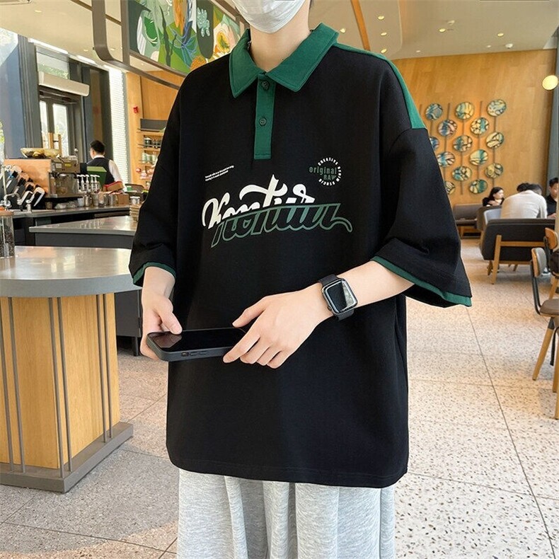 84060-P40polo衫夏季有领短袖t恤男宽松上衣青少年字母印花半袖,男装T恤,电商D310B