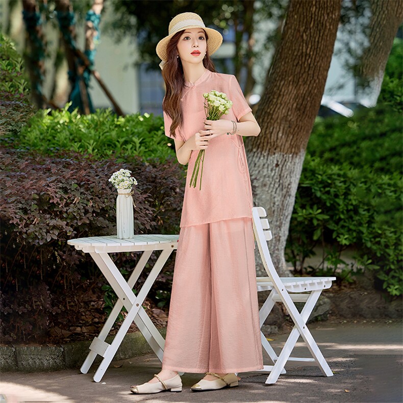 洋气粉色新中式套装女2026夏季薄款立领盘扣上衣显瘦阔腿裤两件套,女装套装/套裙,水衣源