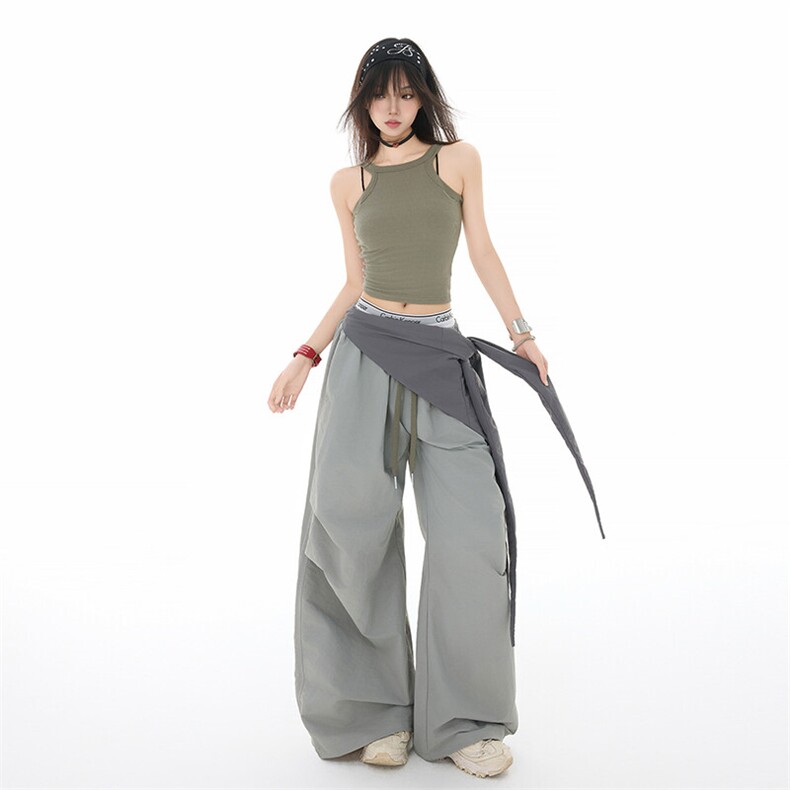 美式叠穿屁帘设计褶皱伞兵裤男女夏季假两件宽松阔腿裤YD9047-P80图片