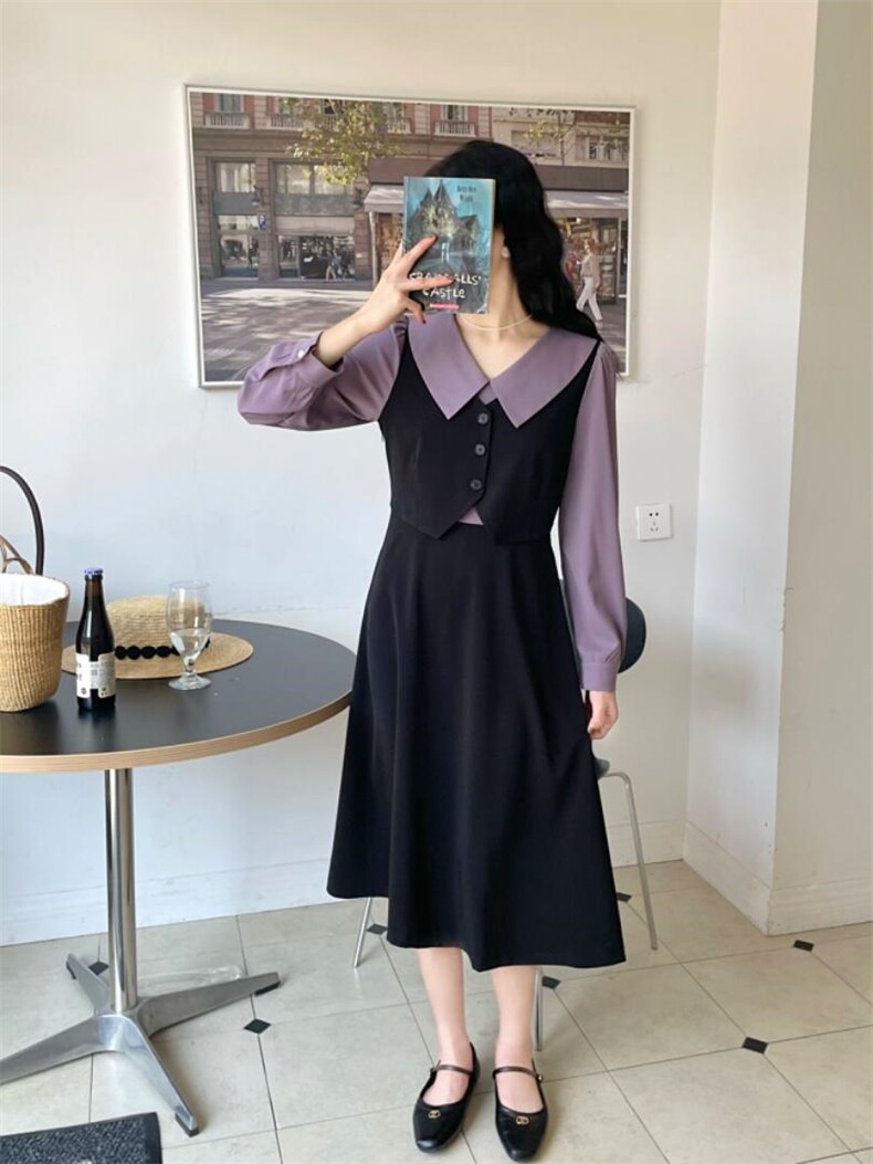 春装假两件连衣裙，女装连衣裙，佳其