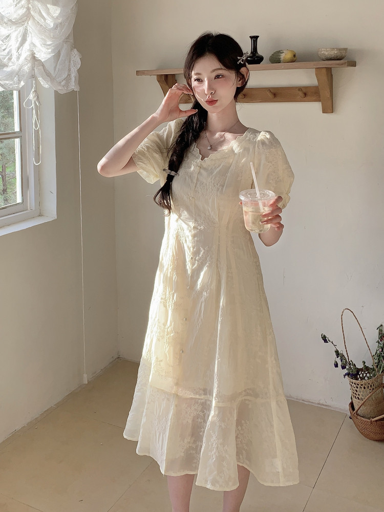 夏季新品！蕾丝花边刺绣度假风连衣裙85120黄-208A-P145-K255,女装连衣裙,浙宝208A