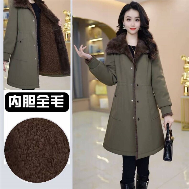 【大货已出】加绒加厚皮毛一体军绿色大衣女高级感皮草保暖外套,女装皮草,韩蔻秀