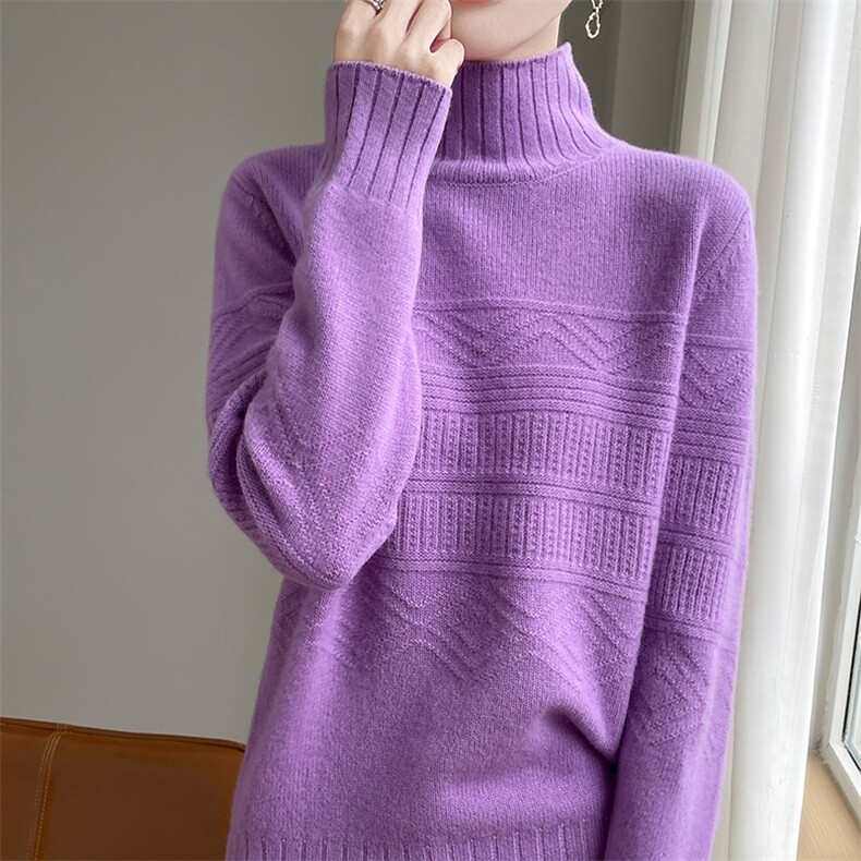 2024秋冬新款女羊毛半高领提花韩版内搭打底针织衫毛衣，女装羊毛衫，赛冬羊绒