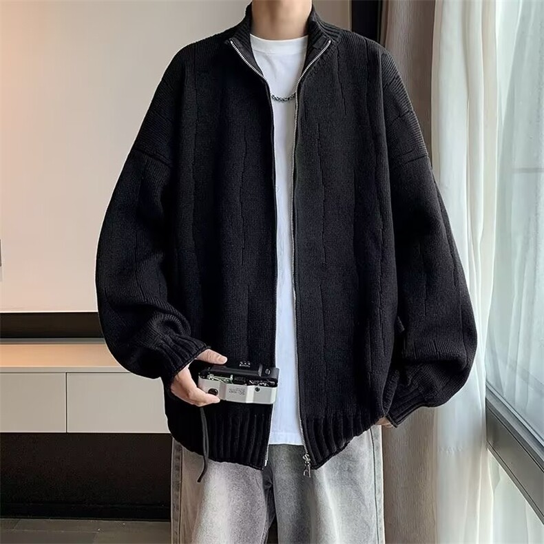 时尚立领针织开衫毛衣男士冬季新款ins潮纯色帅气长袖双拉链外套图片