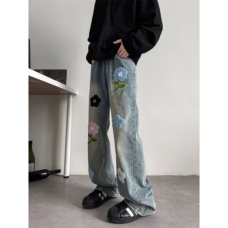 美式高街头设计感刺绣牛仔裤男春秋款潮牌嘻哈宽松休闲水洗直筒裤,男装牛仔裤,星座1013