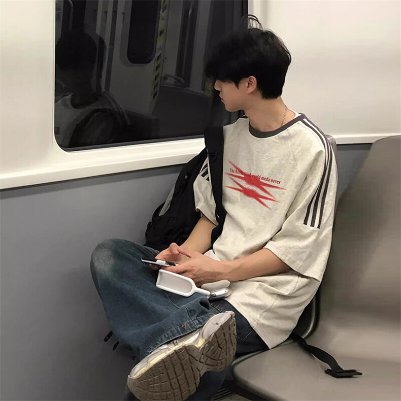 夏季美式高街重磅纯棉三条杠织带撞色男女短袖T恤ZD636-特P30图片