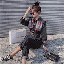 2021春秋季格纹拼接时尚连体裤高腰时尚翻领休闲舒适百搭女，女装休闲裤，秋水欣儿