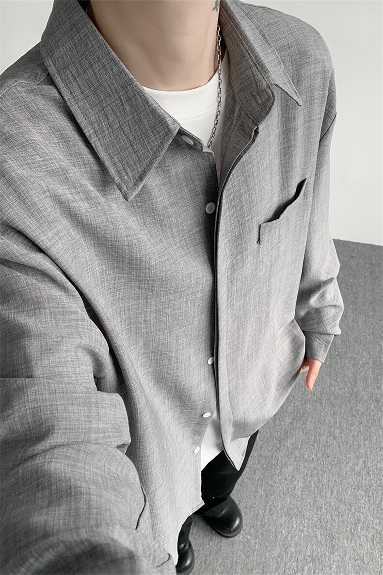 春夏男士衬衫冰丝薄款休闲上衣宽松垂感百搭黑色翻领长袖衬衣,男装衬衫,电商B319