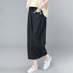 2021夏季新款时尚系绳松紧腰水洗贴布牛仔裤图片