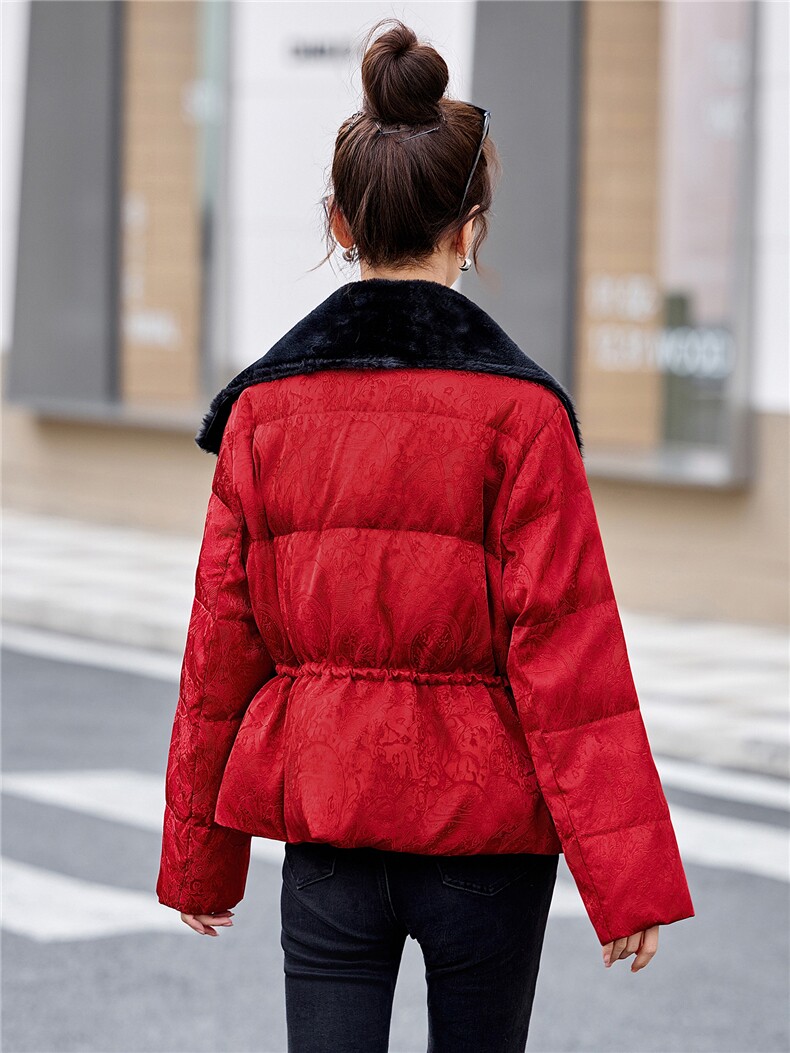 新中式G风羽绒服女2025冬季新款毛毛领拼接提花保暖白鸭绒外套,女装羽绒服,流量+