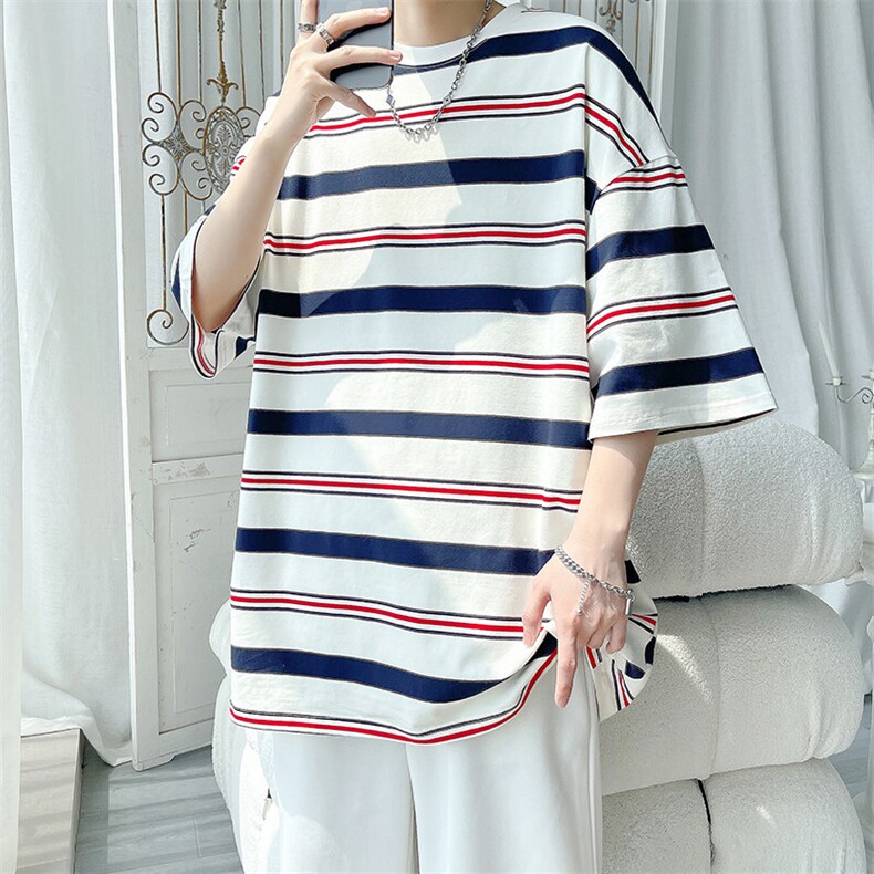 夏季潮流条纹宽松圆领短袖T恤男女百搭上衣T3602-P30【特价】图片