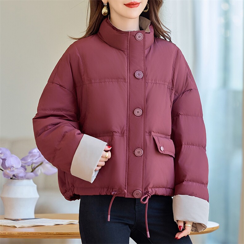 撞色立领短款羽绒服女2024冬季新款小个子休闲超好看白鸭绒面包服,女装羽绒服,余墨