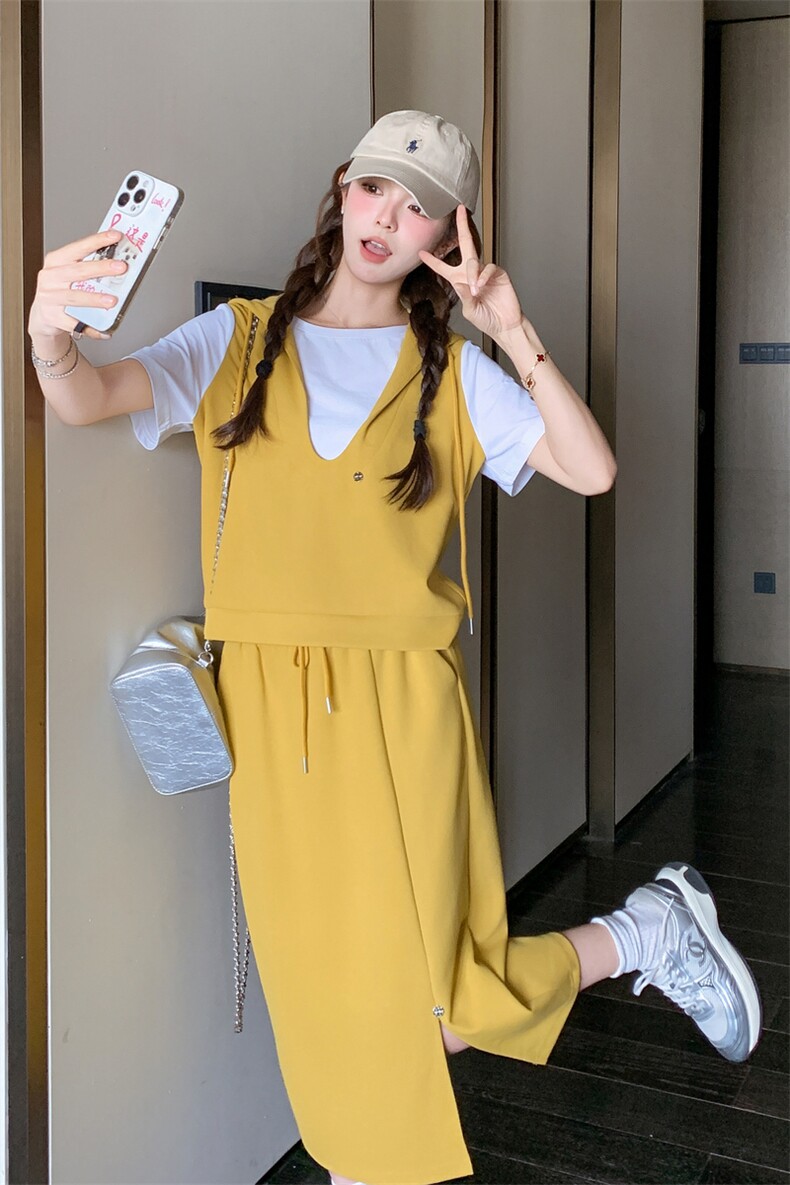 休闲运动黄色假两件T恤半身裙套装女夏新款学院风显瘦爆款两件套,女装套装/套裙,2C218