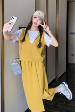 休闲运动黄色假两件T恤半身裙套装女夏新款学院风显瘦爆款两件套，女装套装/套裙，2C218