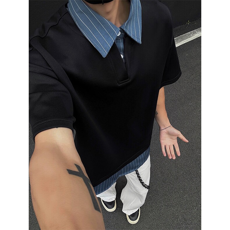 特批P32无差价夏季条纹翻领假两件短袖T恤男百搭大码上衣T5069,男装T恤,电商A001-1