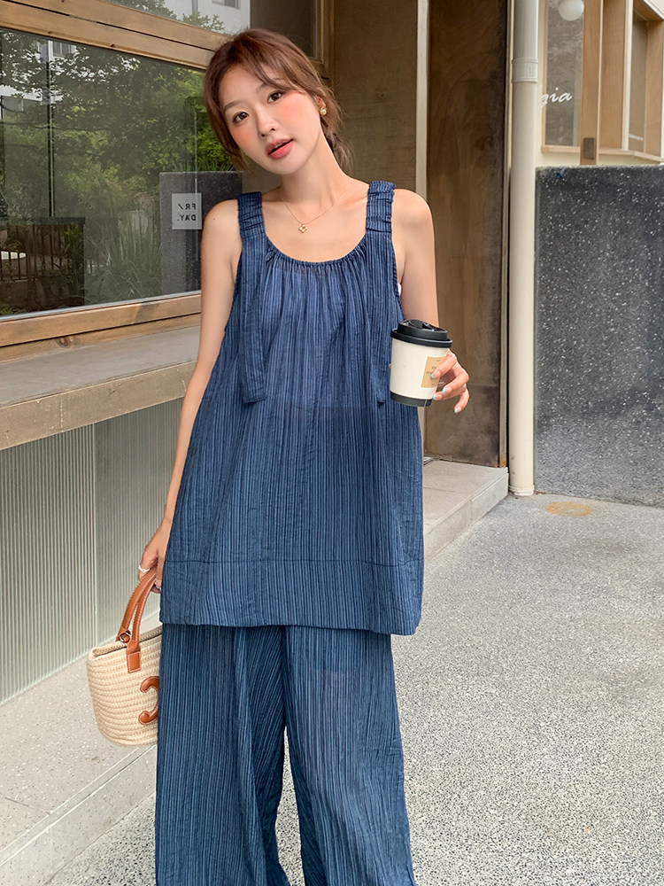 慵懒风宽松吊带上衣拖地阔腿裤套装女2025夏季新款简约休闲两件套,女装套装/套裙,浙宝305