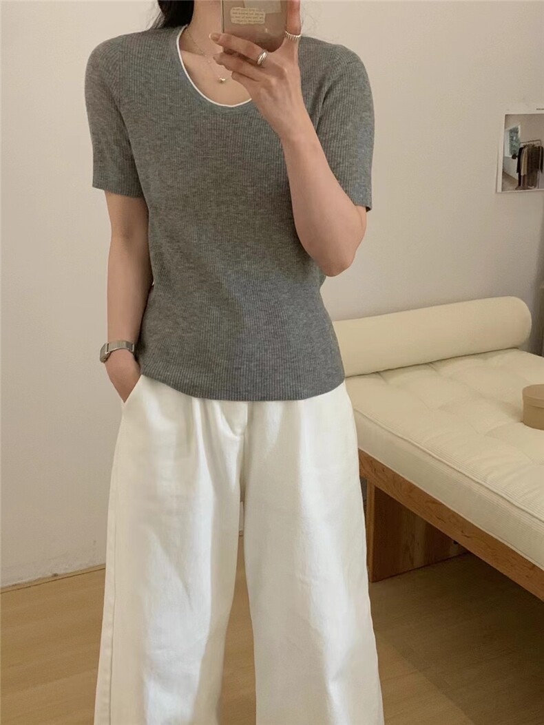 撞色设计感U领针织打底衫女夏季新款修身,针织衫/毛衣,圣旺供货