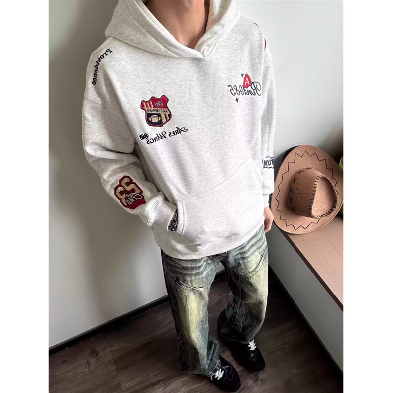 美式休闲徽章刺绣连帽卫衣男女春秋季重磅设计感潮牌情侣上衣,男装卫衣,四季星座505