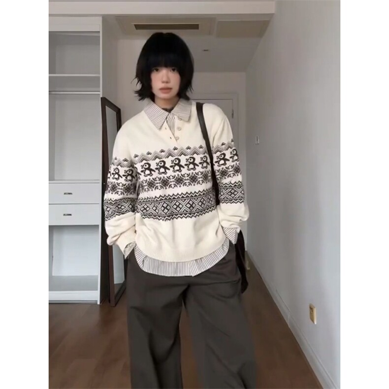 重磅秋冬装北极绒套头毛衣美式复古休闲慵懒风提花工艺针织衫外套,男装针织衫/毛衣,电商A443