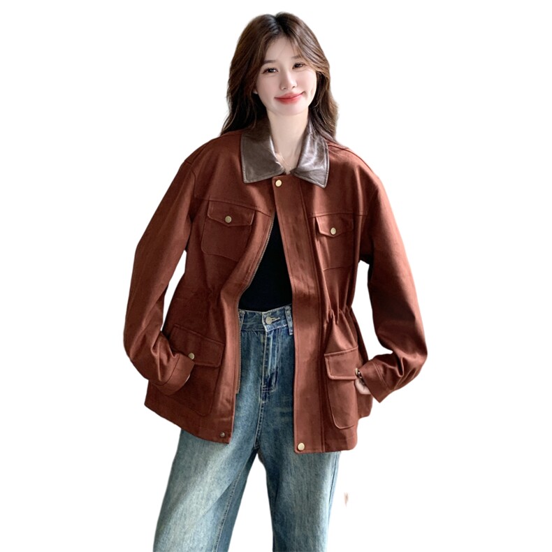 时尚设计感撞色拼皮翻领外套女秋季2025年新款收腰显瘦炸街夹克潮,女装短外套,2C177