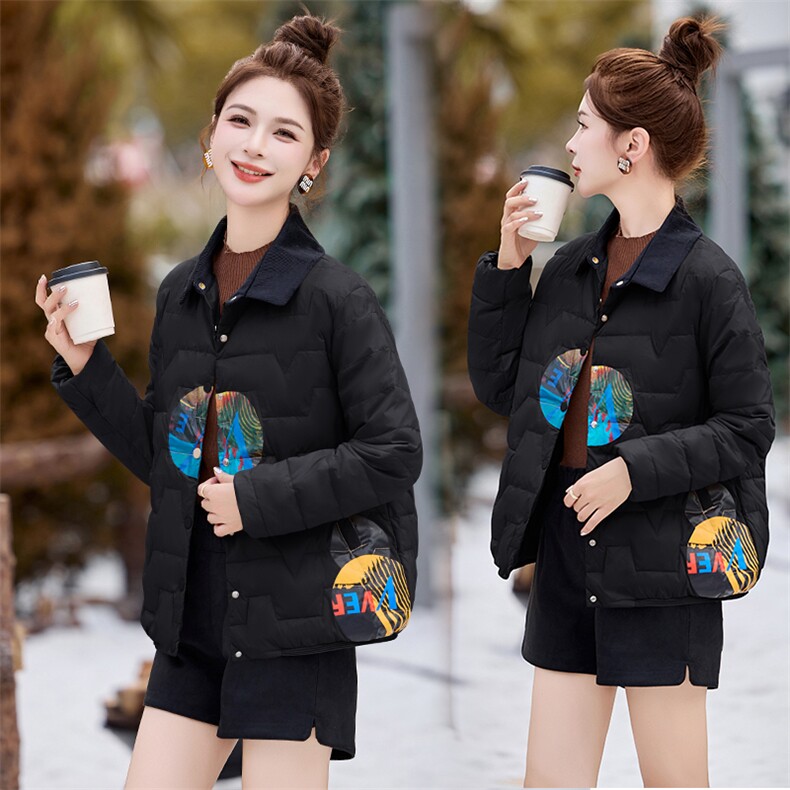 小翻领风印花图案短款羽绒服8027P165,女装羽绒服,乐衣轩