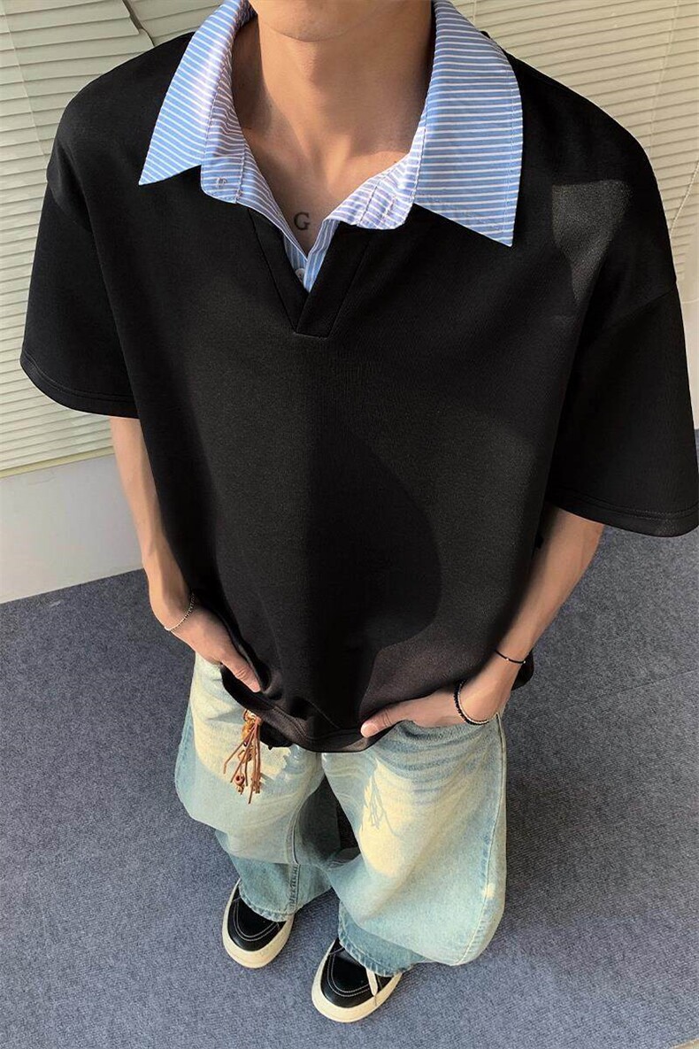特批P30无差价夏季百搭假两件条纹翻领大码短袖T恤上衣男T5134,男装T恤,电商A001-1